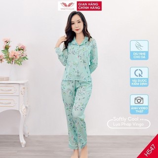 Đồ bộ nữ Pijama mặc nhà Lụa cao cấp mùa Thu Đông VINGO tay dài quần dài lá xanh hồng sang chảnh H547 VNGO