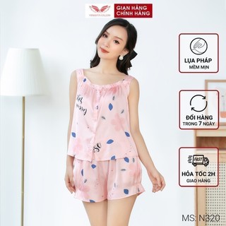 Bộ Đồ Ngủ Mặc Nhà Nữ VINGO Lụa Pháp Cao Cấp Áo Cổ Vuông Quần Cộc Họa Tiết Trẻ Trung Hiện Đại N320 VNGO