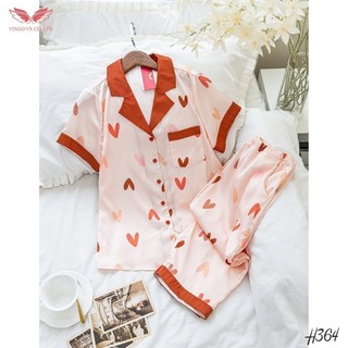 Đồ bộ nữ Pijama mặc nhà Lụa cao cấp mùa hè VINGO tay ngắn quần lửng tim nền hồng dễ thương H364 VNGO