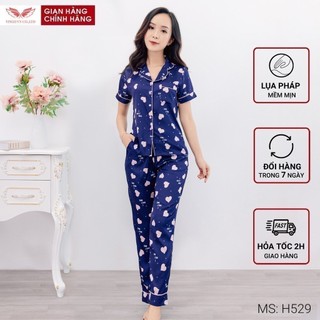 Bộ Đồ Mặc Nhà Pyjama Nữ VINGO Thu Đông Từ Lụa Pháp Cao Cấp Tay Cộc Quần Dài Họa Tiết Tim Hồng Nền Xanh H529 VNGO - TCQD