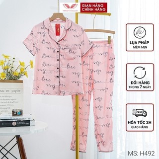 Bộ Đồ Pyjama Mặc Nhà Nữ VNGO Lụa Pháp Tay Cộc Quần Dài Dáng Xuông Họa Tiết Chữ Love Hiện Đại Lịch Sự H492 VNGO - TCQD