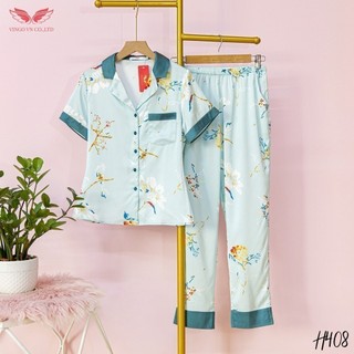VINGO Bộ Đồ Mặc Nhà Pyjama Nữ Chất Liệu Lụa Pháp Cao Cấp Tay Cộc Quần Dài Họa Tiết Cành Hoa Màu Xanh Ngọc H408 VNGO