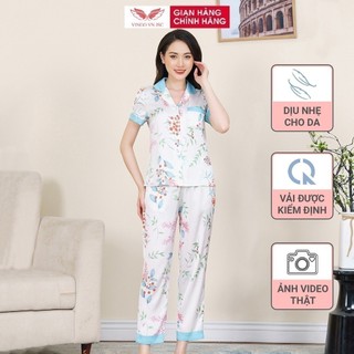 Đồ bộ nữ Pijama mặc nhà Lụa cao cấp mùa hè VINGO tay ngắn quần dài trắng H487 VNGO