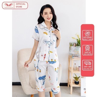 VINGO Bộ Pijama Ngủ Mặc Nhà Nữ Lụa Pháp Tay Cộc Quần Lửng Họa Tiết Tháp Eiffel Nền Trắng Thanh Lịch H361 VNGO - TCQL