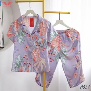 VINGO Bộ Đồ Ngủ Pyjama Mặc Nhà Nữ Lụa Pháp Cao Cấp Tay Cộc Quần Lửng Họa Tiết Hoa Lá Tinh Tế Thanh Lịch H337 VNGO