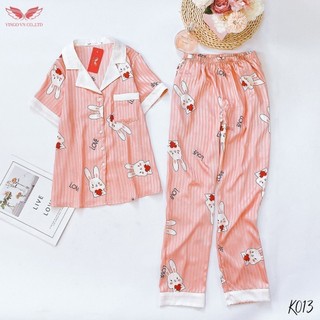 VINGO Bộ Pijama Mặc Nhà Nữ Lụa Hàn Tay Cộc Quần Dài Họa Tiết Thỏ Đáng Yêu K013 VNGO