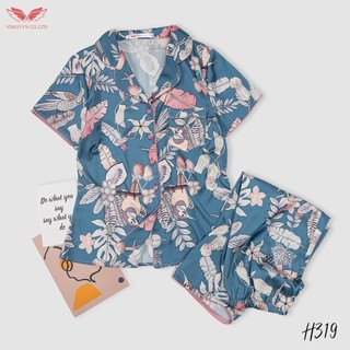 VINGO Bộ Đồ Ngủ Pyjama Mặc Nhà Nữ Lụa Pháp Cao Cấp Tay Cộc Quần Lửng Họa Tiết Chim Chim Én Sang Chảnh H319 VNGO