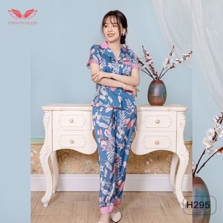 Bộ Đồ Ngủ Mặc Nhà Nữ Kiểu Pijama VINGO Lụa Pháp Cao Cấp Tay Cộc Quần Dài Họa Tiết Chim Én H295 VNGO