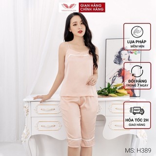 Bộ Đồ Ngủ Mặc Nhà Nữ VINGO Áo Hai Dây Cổ V Và Quần Lửng Lụa Pháp Cao Cấp Màu Hồng Cam H389 VNGO