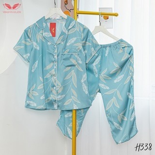 Đồ bộ nữ Pijama mặc nhà Lụa cao cấp mùa hè VINGO tay ngắn quần lửng lá xanh dễ thương H338 VNGO