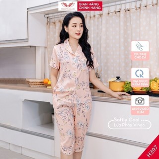 Pijama lụa đồ bộ ngủ mặc nhà cao cấp mùa hè VINGO tay ngắn quần lửng lá xanh hồng dễ thương H397 VNGO