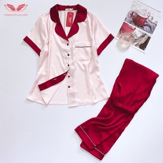 Bộ Đồ Mặc Nhà Pijama Lụa Pháp Cao Cấp Vingo Tay Ngắn Quần Dài Áo Hồng Quần Đỏ H280 VNGO