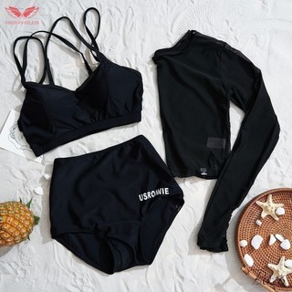 VINGO Sét Đồ Bơi Bikini Nữ Trơn Ba Mảnh Dáng Thể Thao Áo Lưới Đen Đi Biển Mùa Hè Sexy Quyến rũ B016 VNGO