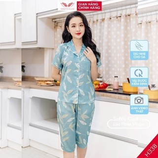 Pijama lụa đồ bộ ngủ mặc nhà cao cấp mùa hè VINGO tay ngắn quần lửng lá xanh dễ thương H338 VNGO
