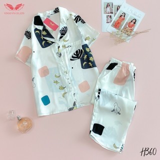 VINGO Bộ Đồ Mặc Nhà Pyjama Nữ Lụa Pháp Cao Cấp Tay Cộc Quần Lửng Họa Tiết Chuối Vàng Lá Đen H360 VNGO - TCQL