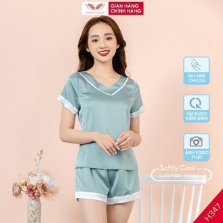 Đồ bộ mặc nhà nữ pijama VINGO áo cổ V tay cộc quần cộc lụa Hàn mặc ngủ mùa Hè mát có bigsize màu xanh hồng H347 VNGO