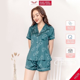 Đồ bộ nữ Pijama mặc nhà Lụa cao cấp mùa hè VINGO tay ngắn quần đùi cô gái xanh dễ thương H329 VNGO