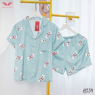 Bộ Pyjama Nữ VINGO Mặc Nhà Mùa Hè Lụa Pháp Tay Cộc Quần Cộc Họa Tiết Kẹo Ngọt Chữ I Love You Xanh Nhạt H334 VNGO