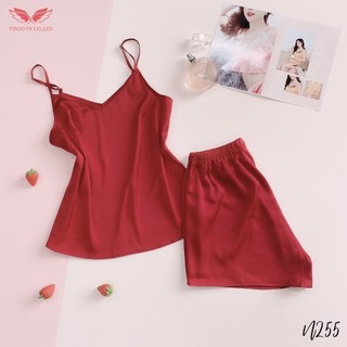 VINGO Bộ Đồ Ngủ Mặc Nhà Nữ Áo Hai Dây Quần Cộc Mùa Hè Lụa Trơn Mềm Thoáng Mát N255 VNGO