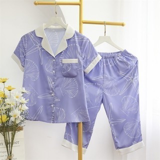 VINGO Bộ Pijama Mặc Nhà Nữ Lụa Pháp Tay Cộc Quần Lửng Họa Tiết Màu Tím Nhạt H367 VNGO - TCQL