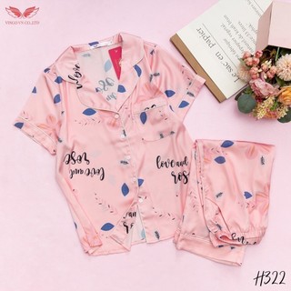 VINGO Bộ Pyjama Mặc Nhà Nữ Tay Cộc Quần Lửng Lụa Pháp Cao Cấp Họa Tiết Hoa Lá Chữ Love And Rose Hồng Phấn H322 VNGO