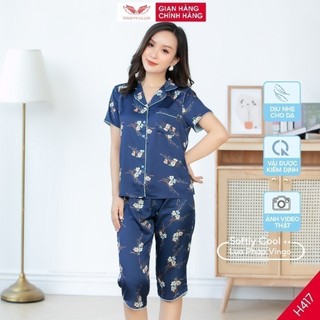 Đồ bộ nữ Pijama mặc nhà Lụa cao cấp mùa hè VINGO tay ngắn quần lửng hoa nền xanh trung niên H417 VNGO