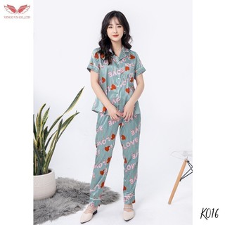 VINGO Bộ Pijama Mặc Nhà Nữ Lụa Hàn Tay Cộc Quần Dài Họa Tiết Trái Tim Và Chữ Love Nền Kẻ Trẻ Trung K016 VNGO