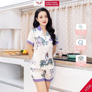 Bộ Đồ Ngủ Pyjama Mặc Nhà Nữ VINGO Lụa Pháp Cao Cấp Tay Cộc Quần Cộc Họa Tiết Hoa Trắng Phối Tím Nhạt H325 VNGO