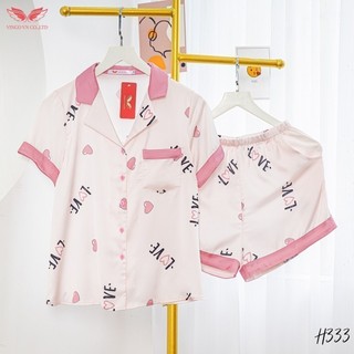 VINGO Bộ Pijama Nữ Mặc Nhà Mùa Hè Lụa Pháp Tay Cộc Quần Cộc Họa Tiết Tim Hồng Chữ Love Cao Cấp H333 VNGO