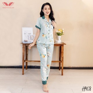 VINGO Bộ Đồ Mặc Nhà Nữ Kiểu Pyjama Lụa Pháp Tay Cộc Quần Dài Họa Tiết Cành Hoa Màu Xanh Ngọc Thanh Lịch H408 VNGO - TCQD