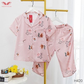 VINGO Bộ Pyjama Mặc Nhà Nữ Lụa Pháp Cao Cấp Tay Cộc Quần Lửng Họa Tiết Hoa Hồng Chữ Love H420 VNGO - TCQL