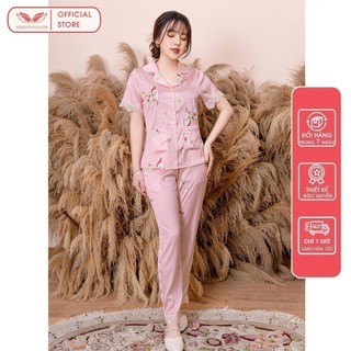 Bộ Đồ Ngủ Mặc Nhà Nữ Kiểu Dáng Pijama Tay Cộc Quần Dài Lụa Pháp Cao Cấp Phối RenHọa Tiết Hoa Đá Hồng Phấn H332 VNGO
