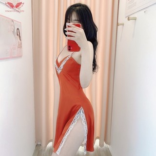 Vingo váy ngủ 2 dây nữ mặc nhà lụa pháp cao cấp liền thân xẻ tà 1 bên phối viền ren tinh tế gợi cảm n268 vngo