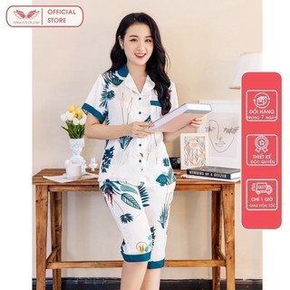 VINGO Bộ Đồ Ngủ Mặc Nhà Nữ Kiểu Pijama Lụa Pháp Cao Cấp Tay Cộc Quần Lửng Họa Tiết Lá Nền Trắng Thanh Lịch H363 VNGO