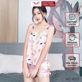 Bộ Đồ Ngủ 2 Dây Lụa Nữ Lụa Pháp VINGO Cao Cấp Áo Sát Nách Cổ Vuông Họa Tiết Trẻ Trung N257 VNGO