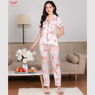 Bộ Đồ ngủ Pyjama VINGO Tay Ngắn Quần Dài Nữ Mặc Nhà Lụa Cao Cấp Mềm Sang Trọng Họa Tiết Hồng Hạc H140 VNGO