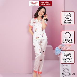 Bộ Đồ Mặc Nhà Pyjama Nữ VINGO Chất Liệu Lụa Pháp Cao Cấp Tay Cộc Quần Dài Họa Tiết Lá Vàng Thanh Lịch Hiện Đại H479 VNGO