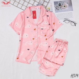 Bộ đồ nữ Pyjama Lụa Pháp cao cấp mặc nhà VINGO áo ngắn quần lỡ lửng họa tiết sushi và cá heo H314 VNGO