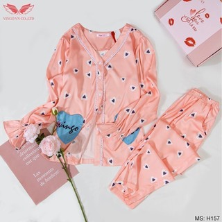 Bộ pijama nữ mặc nhà mặc ngủ dài tay quần dài lụa Pháp cao cấp mà hồng cam họa tiết trái tim Vingo mã H157 VNGO