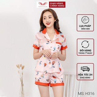 Bộ đồ ngủ nữ Pyjama VINGO lụa Pháp cao cấp mặc nhà mặc ngủ tay ngắn quần ngắn cộc họa tiết cánh hoa Vingo mã H316 VNGO