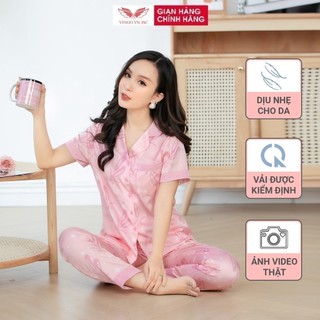 Bộ Đồ Mặc Nhà Pyjama Nữ VINGO Chất Liệu Lụa Pháp Cao Cấp Tay Cộc Quần Dài Họa Tiết Nơ Chữ Thanh Lịch Hiện Đại H427 VNGO