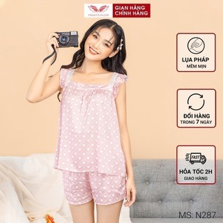 Bộ ngủ hai dây VINGO cổ vuông quần đùi phối viền ren họa tiết trái tim màu hồng phấn N287 VNGO