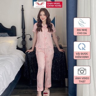 Đồ bộ nữ Pijama mặc nhà Lụa cao cấp mùa Thu Đông VINGO tay ngắn quần dài quả dâu màu hồng dễ thương H206 VNGO