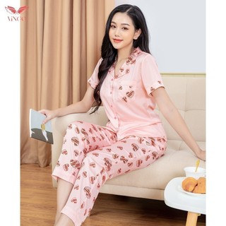 VINGO Pijama nữ tay cộc quần dài mặc nhà mặc ngủ mùa Thu lụa Pháp cao cấp họa tiết trái tim H209 VNGO