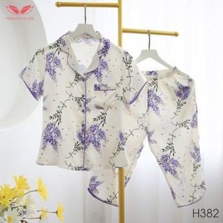 Pijama lụa đồ bộ ngủ mặc nhà cao cấp mùa hè VINGO tay ngắn quần lửng lavender tím nền trắng dễ thương H382 VNGO