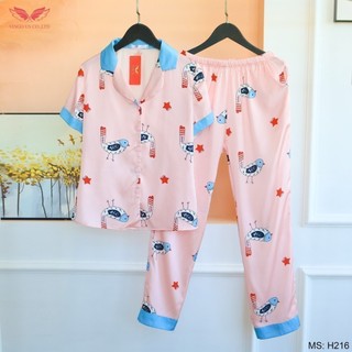 Bộ đồ mặc nhà mặc ngủ pijama lụa Pháp tay ngắn quần dài cao cấp Vingo màu hồng H216 VNGO