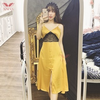 Váy ngủ lụa cao cấp dáng dài xẻ tà phối ren eo gợi cảm cuốn hút n230 thương hiệu vingo vngo