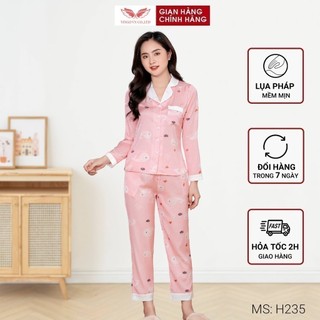 Bộ Đồ Pyjama Mặc Nhà Nữ VINGO Lụa Pháp Cao Cấp Tay Dài Quần Dài Họa Tiết HồngTinh Tế Lịch Sự H235 VNGO