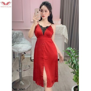 VINGO Váy Ngủ Lụa Phối Ren Dáng Dài Xẻ Vạt Trước Sexy N247 VNGO
