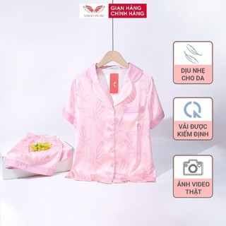 Đồ bộ nữ Pijama mặc nhà Lụa cao cấp mùa hè VINGO tay ngắn quần đùi hoa xanh hồng dễ thương H426 VNGO